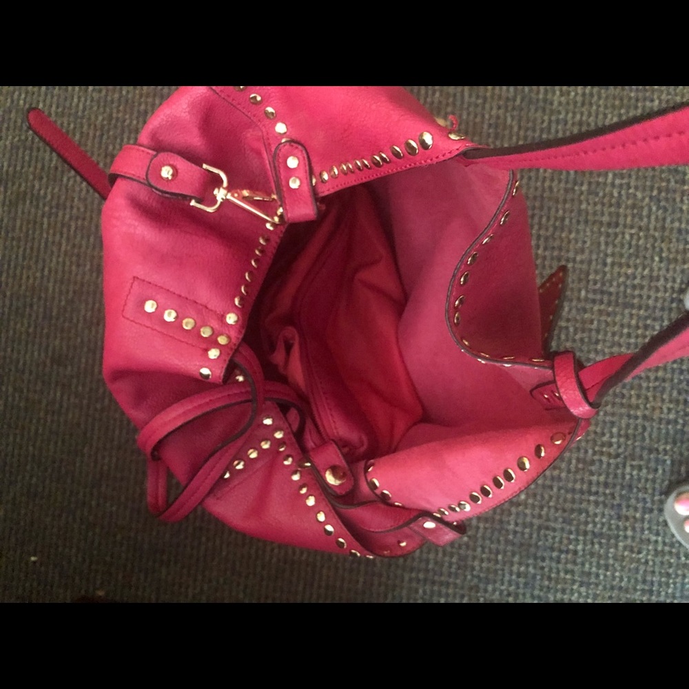 Pink large tote bag, real leather, gold studs